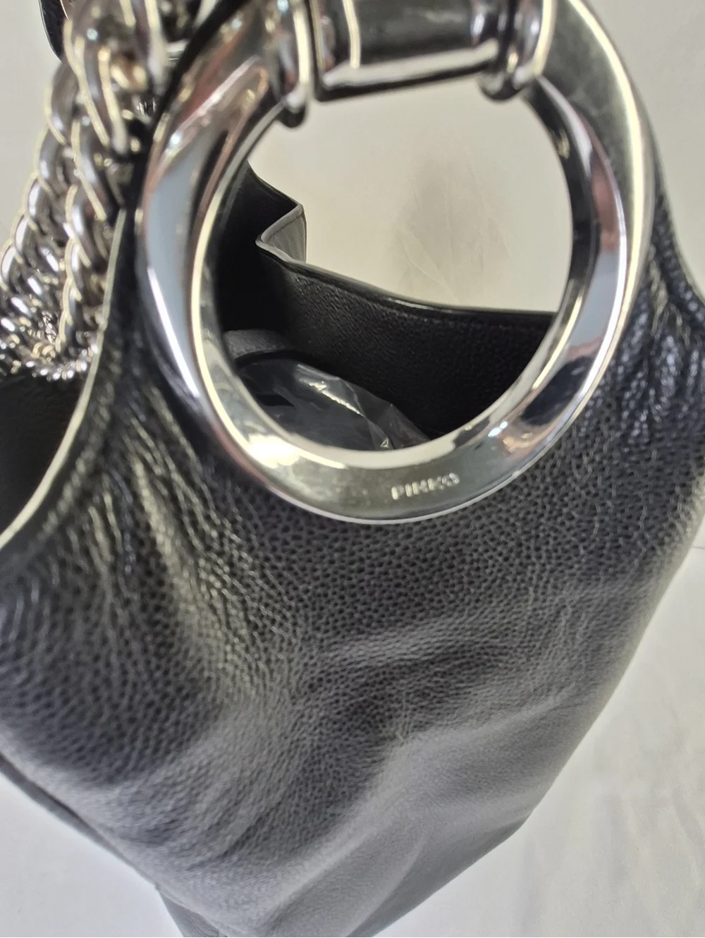 Pinko Black Leather Bucket Hobo Bag Purse Tote Chain Strap